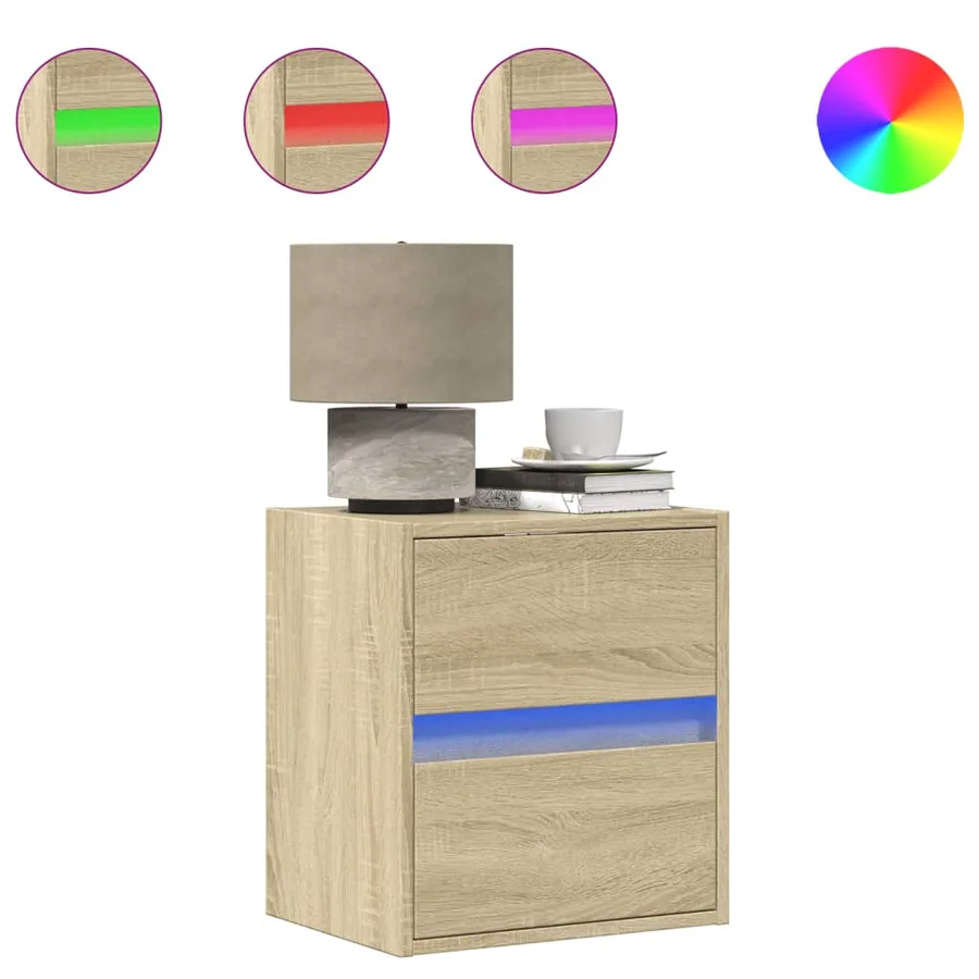 Tables de chevet murales avec lumières LED 2 pcs chêne sonoma - 2