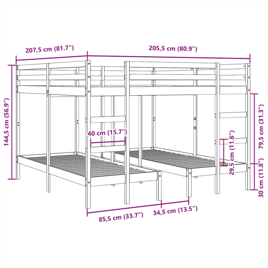 Lit superposé triple blanc 200x200/80x200 cm bois de pin massif - 10
