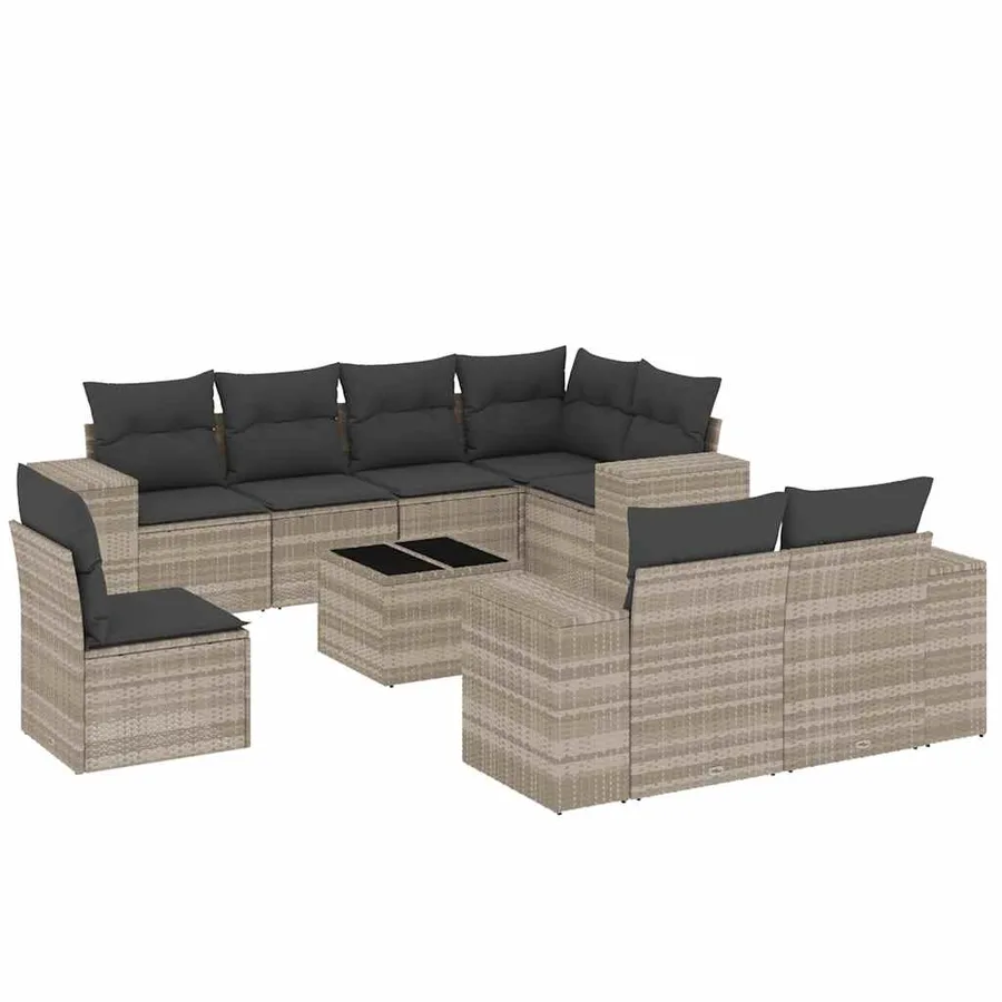 Salon de jardin 9 pcs avec coussins gris clair résine tressée - 2