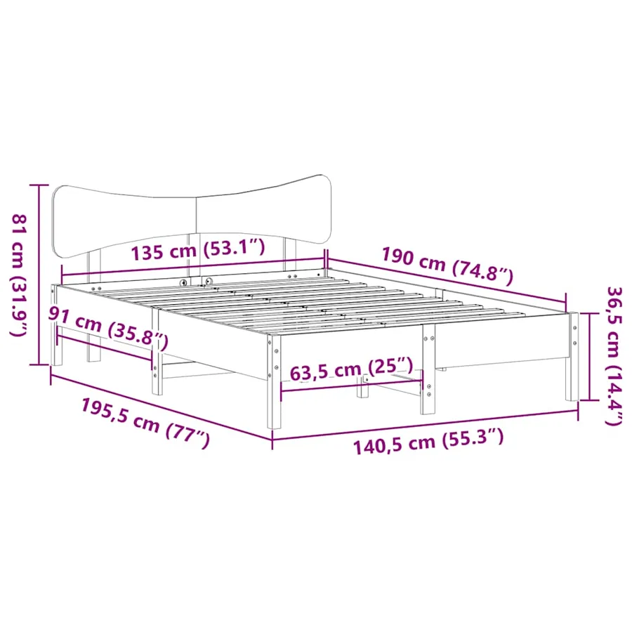 Cadre de lit sans matelas cire marron 135x190cm bois pin massif - 11