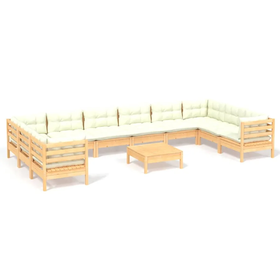 Salon de jardin 11 pcs avec coussins crème bois de pin - 2