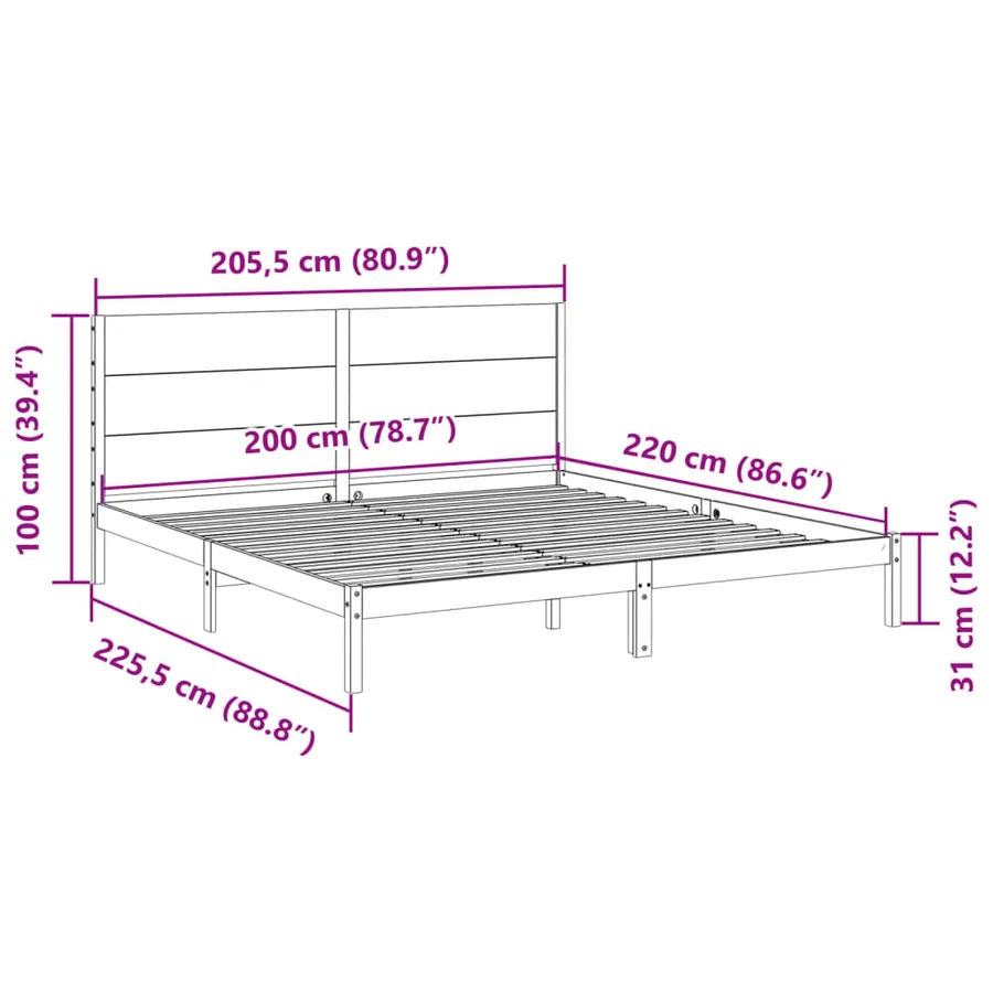 Cadre de lit extra long sans matelas 200x220 cm bois massif - 9