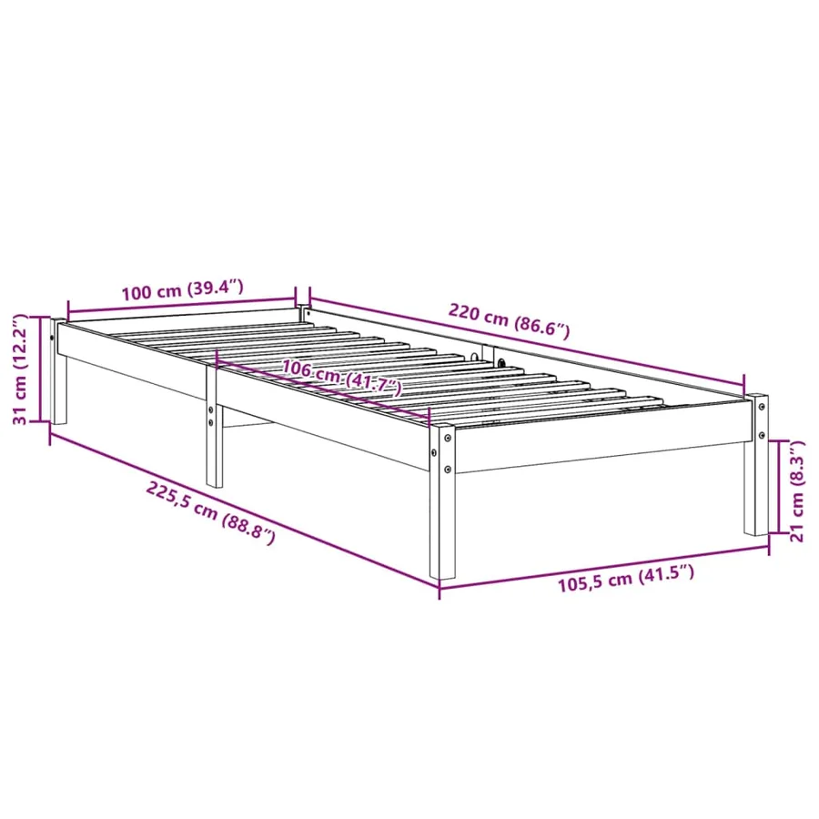 Cadre de lit extra long sans matelas 100x220 cm bois massif pin - 9