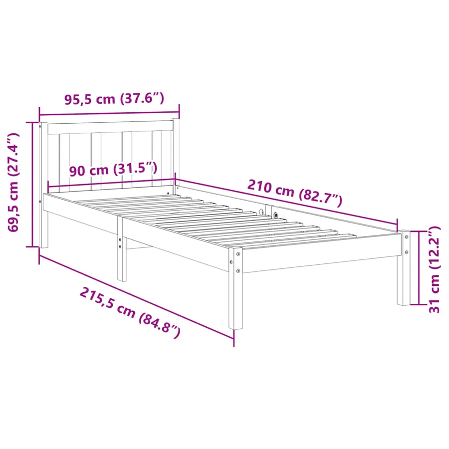 Cadre de lit extra long sans matelas 90x210 cm bois massif pin - 9
