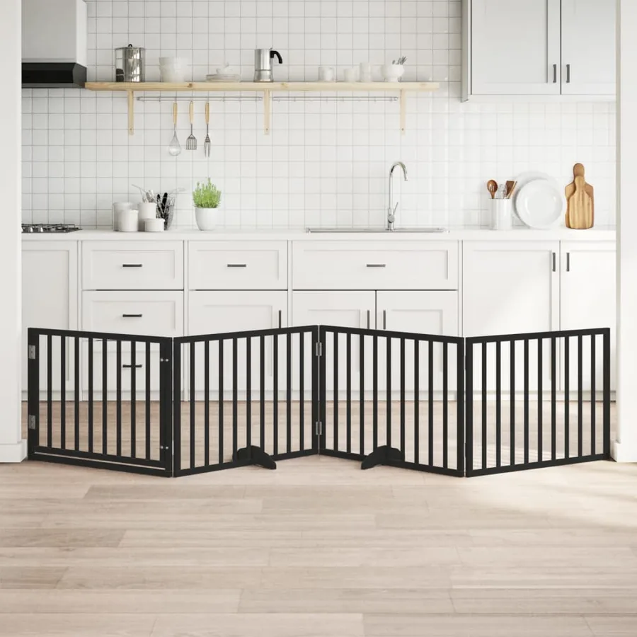 Barrière pour chiens et porte 4 panneaux noir bois de peuplier