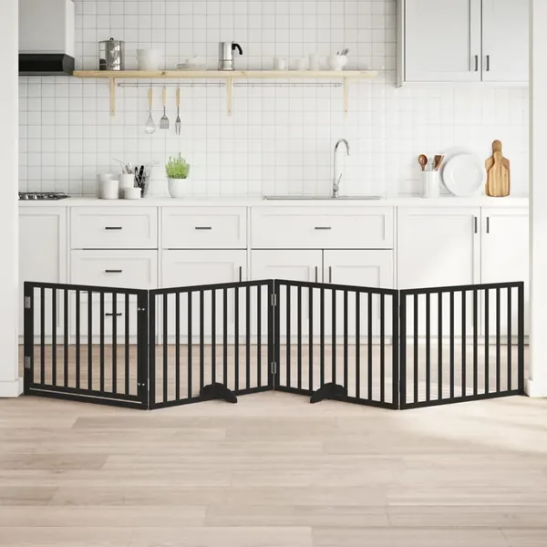 Barrière pour chiens et porte 4 panneaux noir bois de peuplier