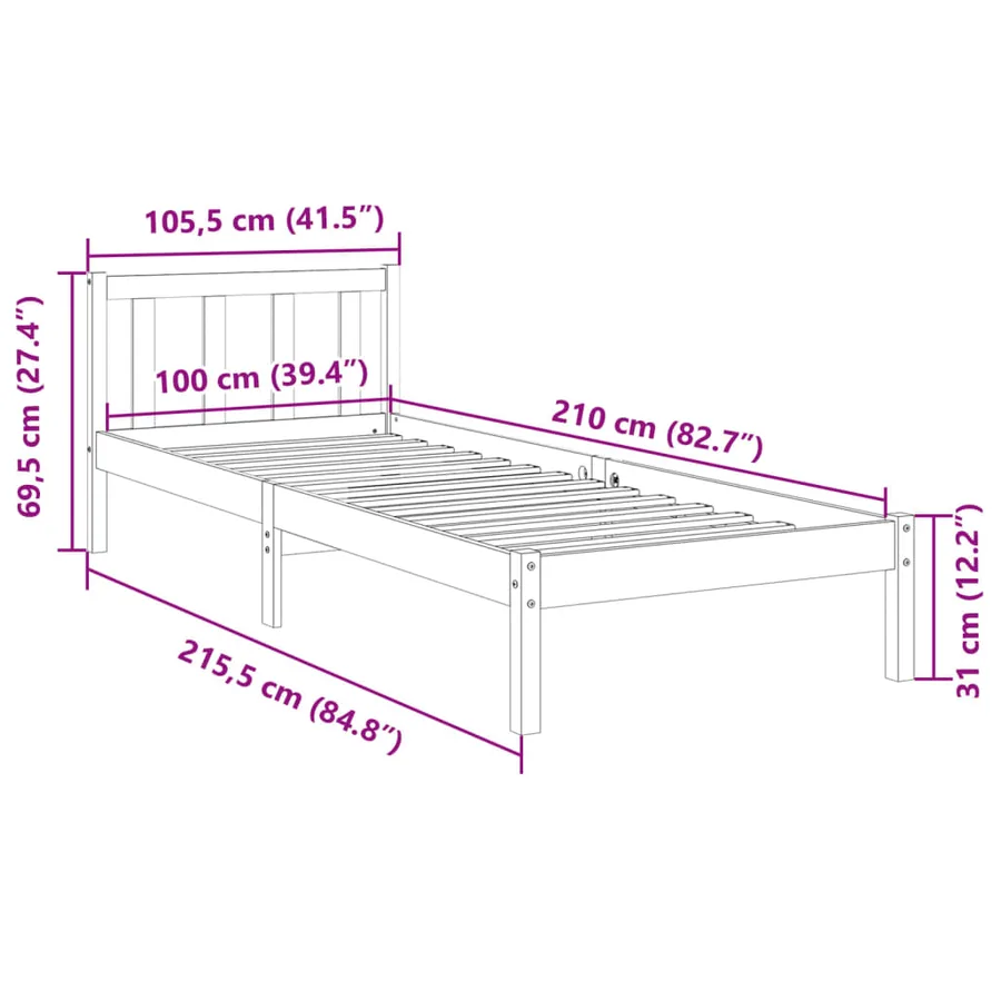 Cadre de lit extra long sans matelas 100x210 cm bois massif pin - 9