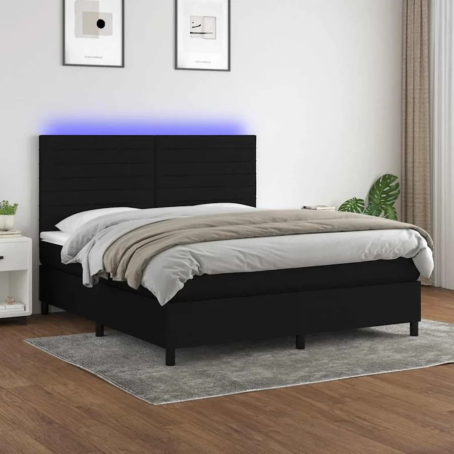 Sommier à lattes de lit et matelas et LED Noir 180x200 cm Tissu