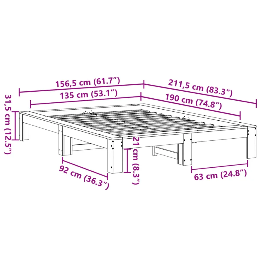Cadre de lit sans matelas 135x190 cm bois de pin massif - 8