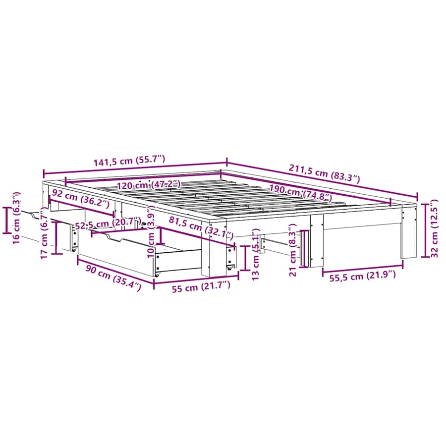 Cadre de lit sans matelas blanc 120x190 cm bois de pin massif - 12