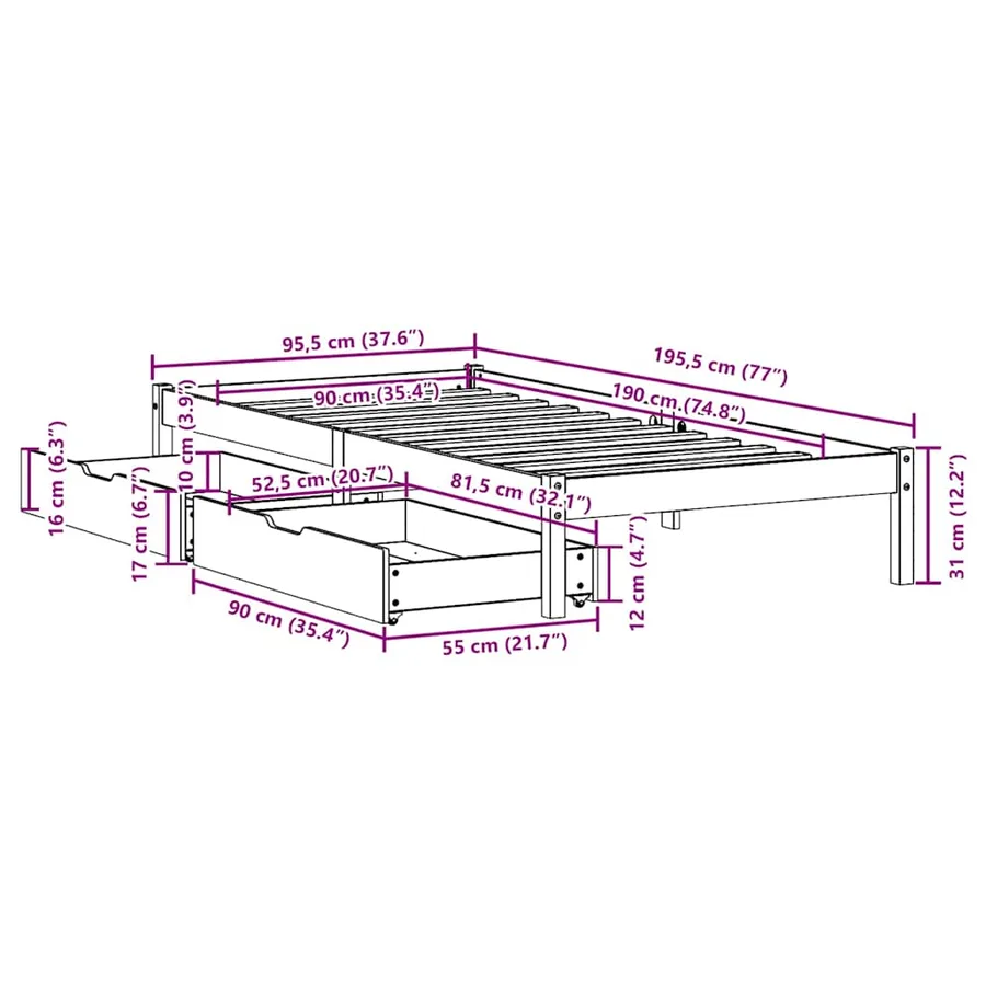 Cadre de lit sans matelas blanc 90x190 cm bois de pin massif - 11