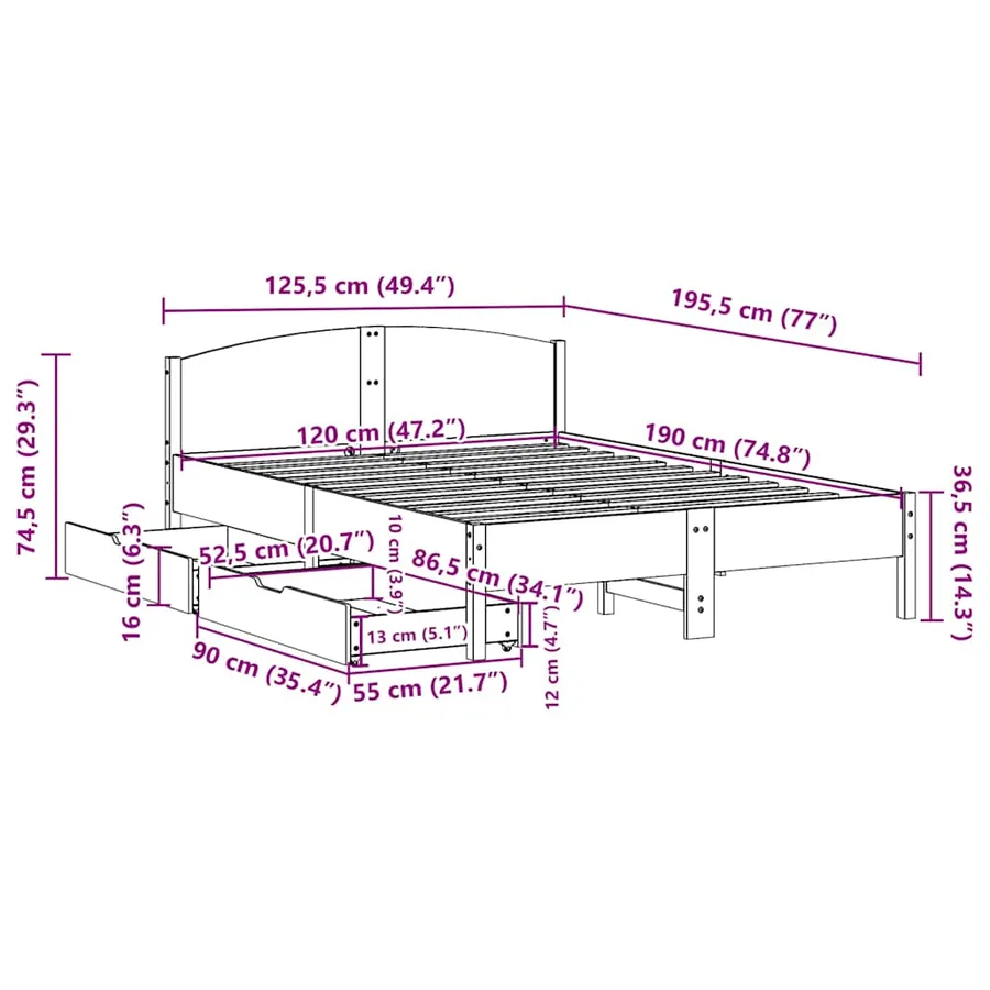 Cadre de lit sans matelas blanc 120x190 cm bois de pin massif - 11