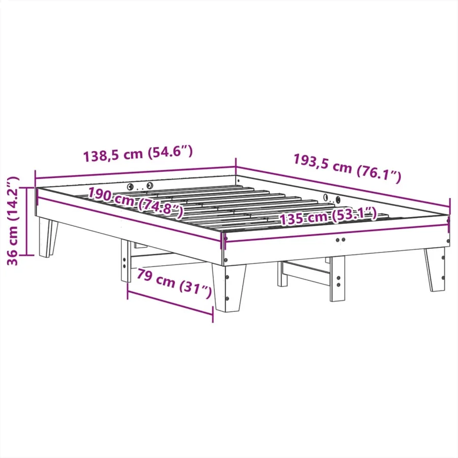 Cadre de lit sans matelas cire marron 135x190cm bois pin massif - 9