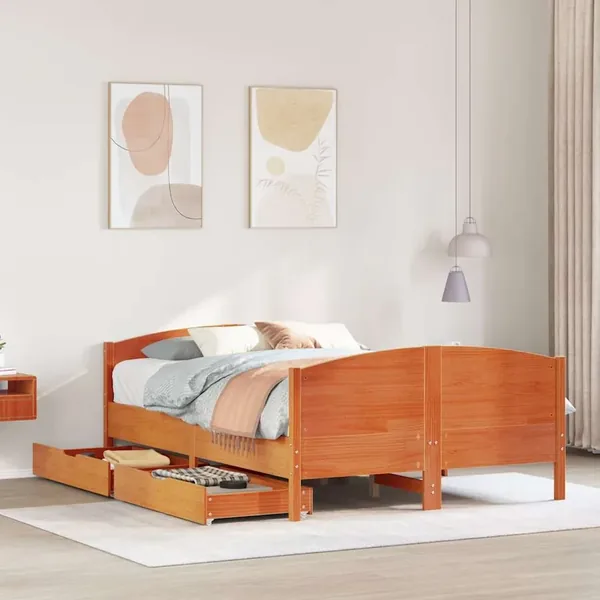 Cadre de lit sans matelas cire marron 135x190cm bois pin massif