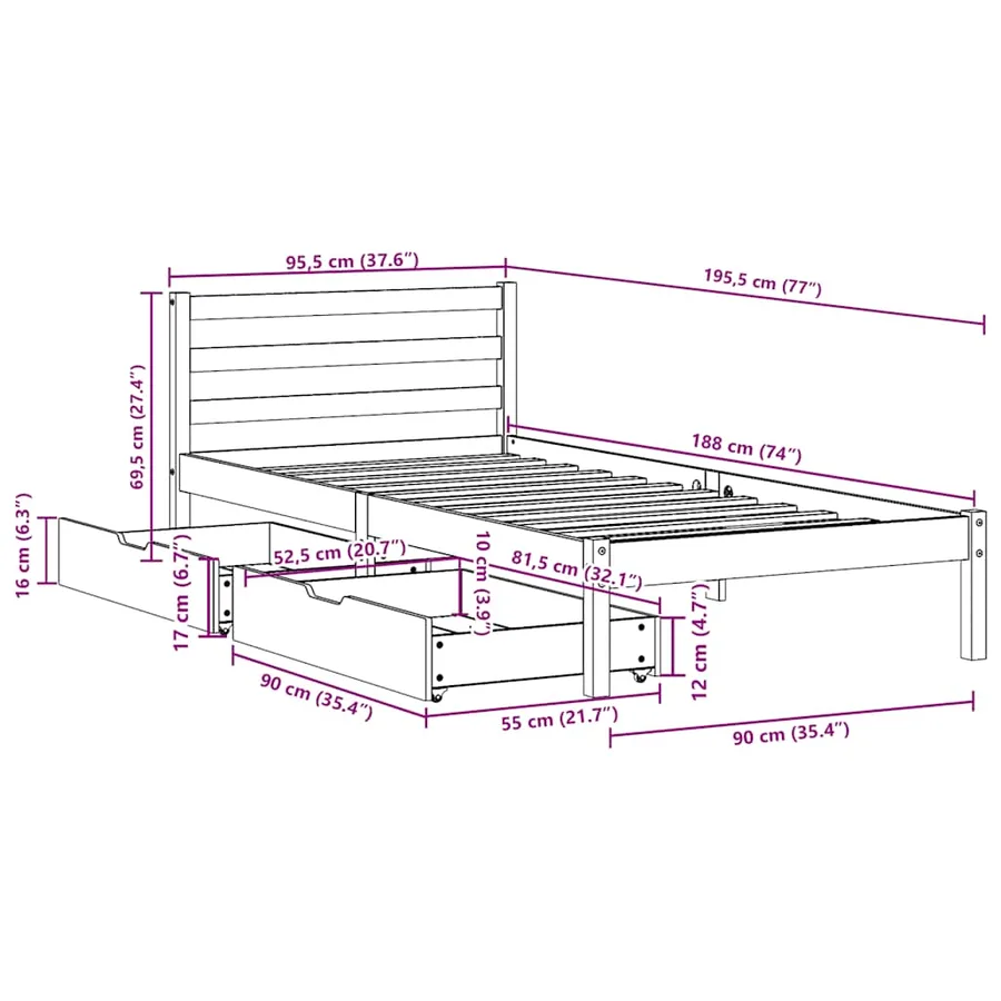 Cadre de lit sans matelas cire marron 90x190 cm bois pin massif - 12