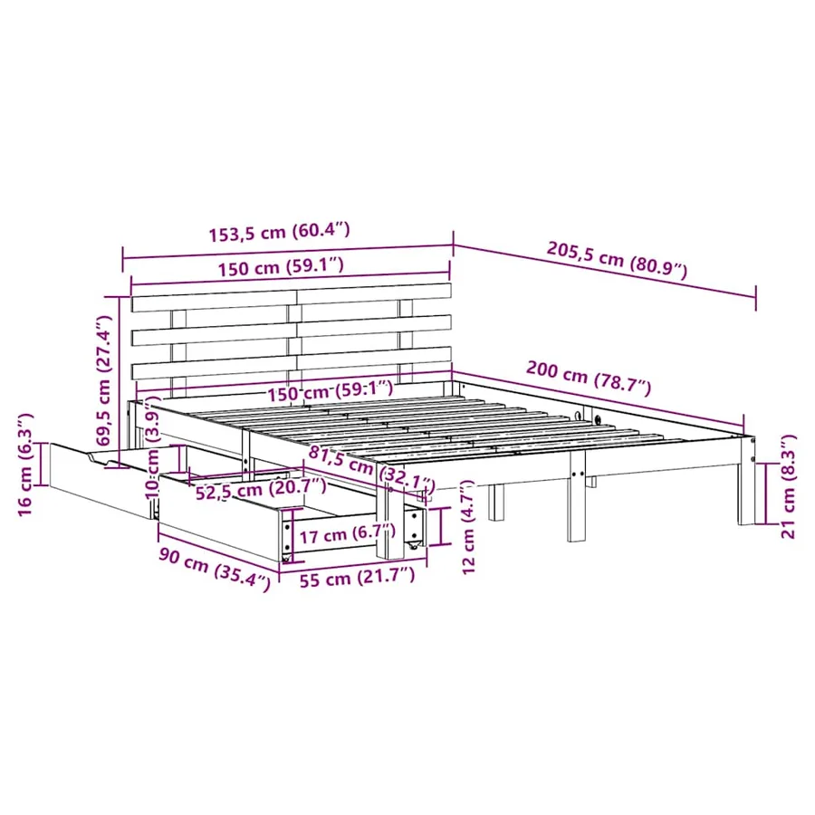 Cadre de lit avec tiroirs sans matelas cire marron 150x200 cm - 11