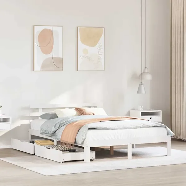 Cadre de lit avec tiroirs sans matelas blanc 135x190 cm