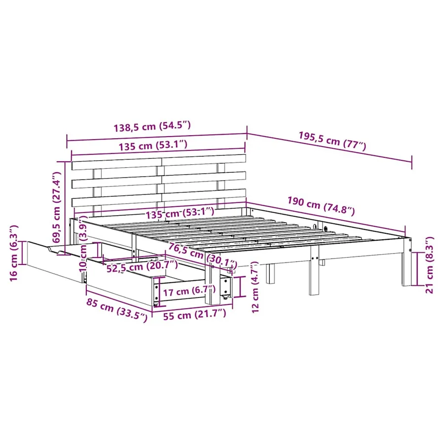 Cadre de lit avec tiroirs sans matelas blanc 135x190 cm - 11