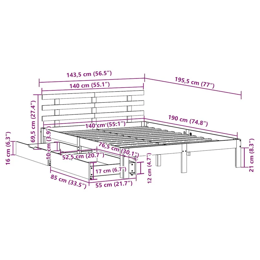 Cadre de lit avec tiroirs sans matelas blanc 140x190 cm - 11