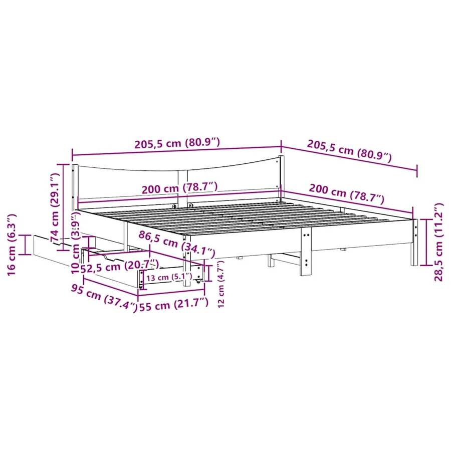 Cadre de lit avec tiroirs blanc 200x200 cm bois massif de pin - 11