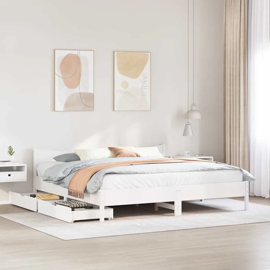 Cadre de lit avec tiroirs blanc 200x200 cm bois massif de pin - 3