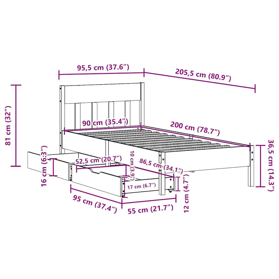 Cadre de lit sans matelas 90x200 cm bois de pin massif - 11