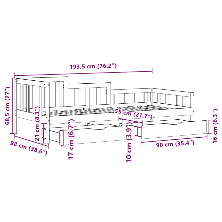 Lit de jour et tiroirs sans matelas blanc 90x200 cm bois massif - 12