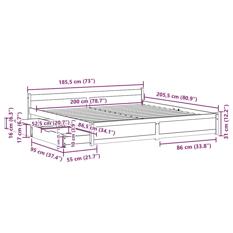 Cadre de lit sans matelas blanc 180x200 cm bois massif de pin - 12