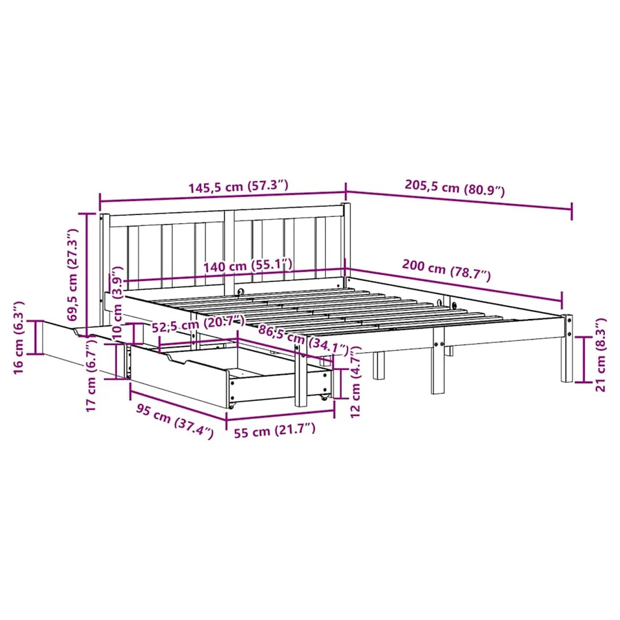 Cadre de lit sans matelas 140x200 cm bois massif de pin - 11