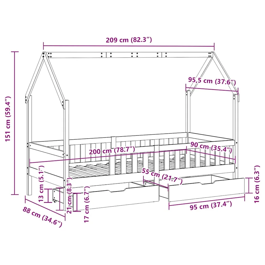 Cadre de lit enfants avec tiroirs sans matelas 90x200 cm bois - 12