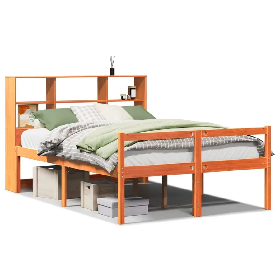Lit bibliothèque sans matelas cire marron 135x190cm bois massif - 2