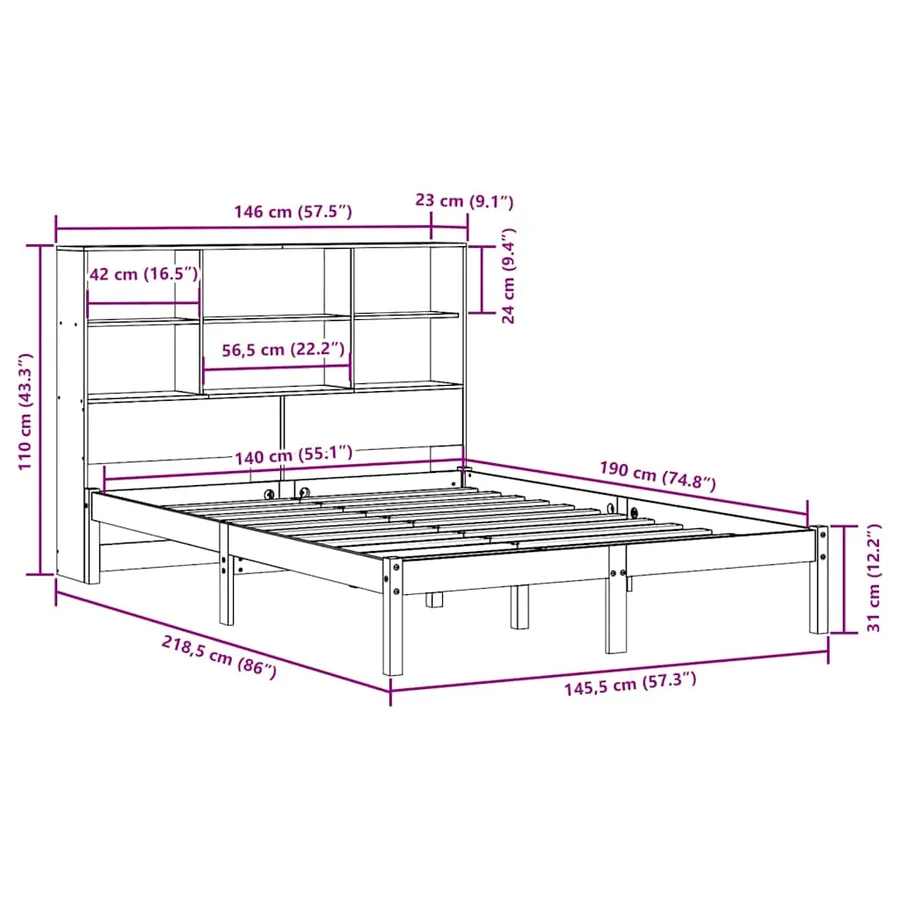 Lit bibliothèque sans matelas cire marron 140x190 cm pin massif - 12