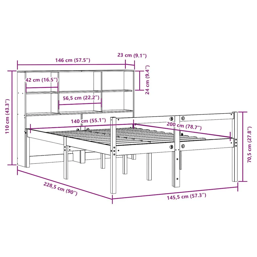 Lit bibliothèque sans matelas cire marron 140x200cm bois massif - 12
