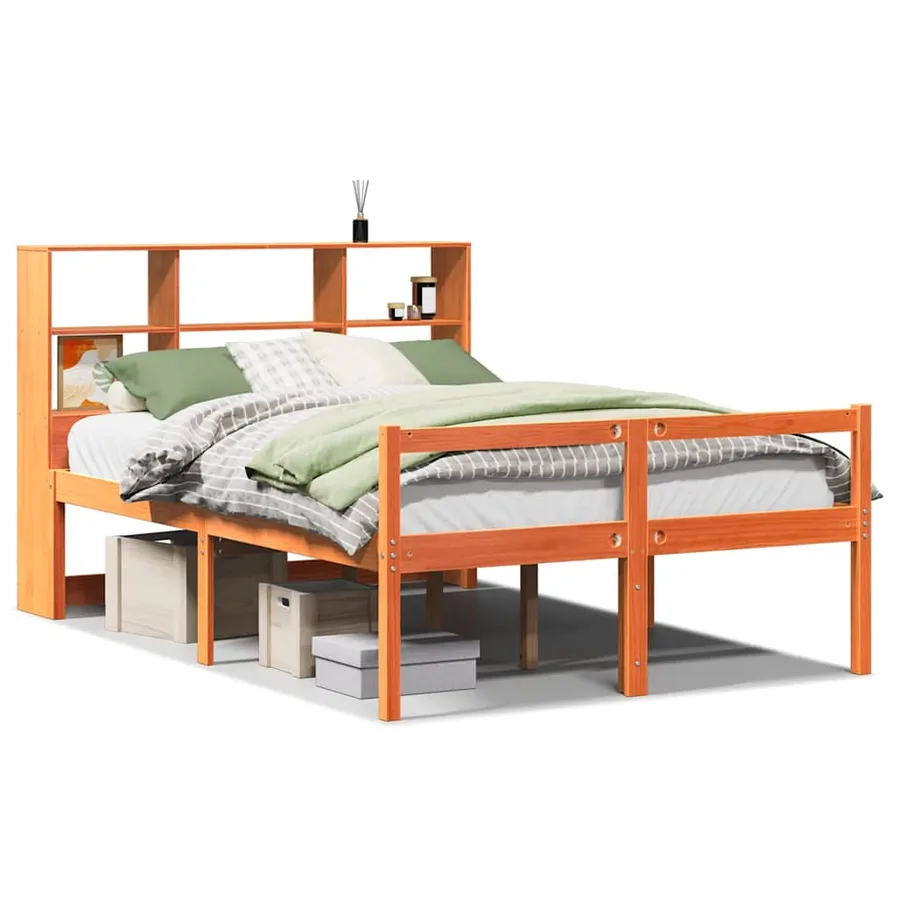 Lit bibliothèque sans matelas cire marron 140x200cm bois massif - 2