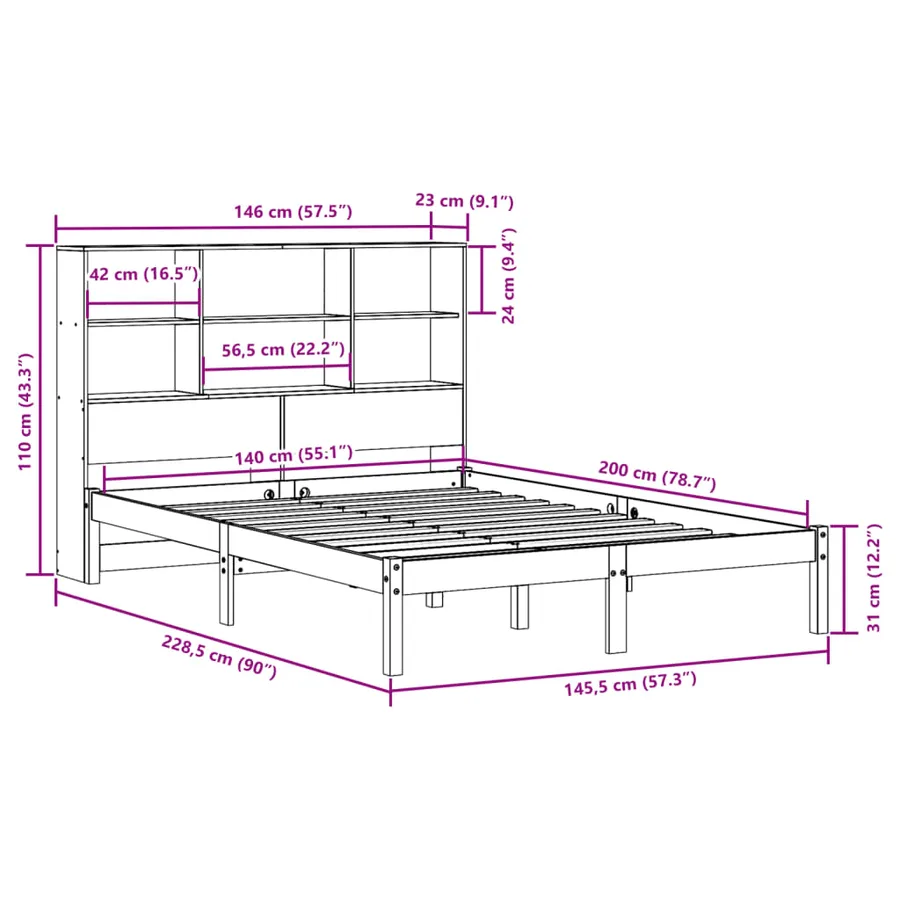 Lit bibliothèque sans matelas 140x200 cm bois massif de pin - 12