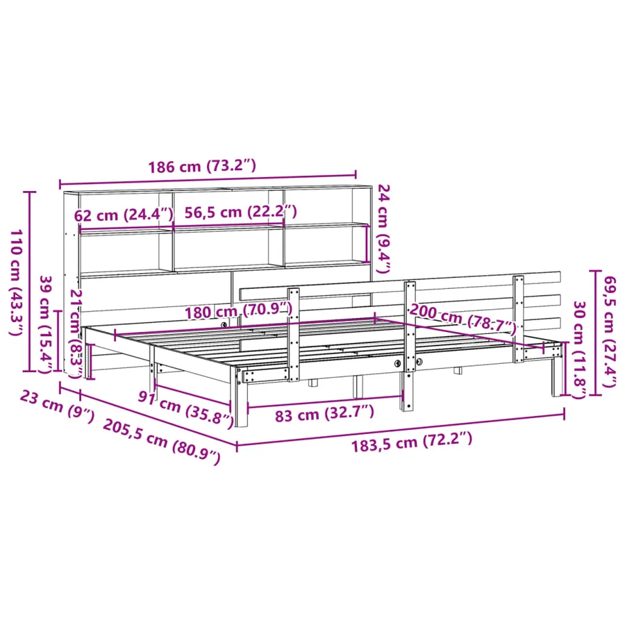 Lit bibliothèque sans matelas blanc 180x200 cm bois pin massif - 11