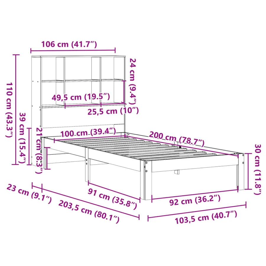Lit bibliothèque sans matelas cire marron 100x200 cm pin massif - 11