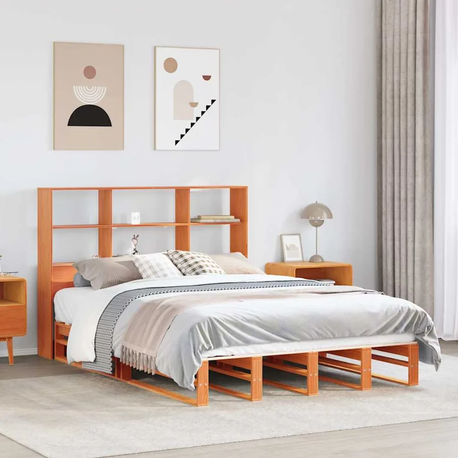 Lit bibliothèque sans matelas cire marron 140x190cm bois massif
