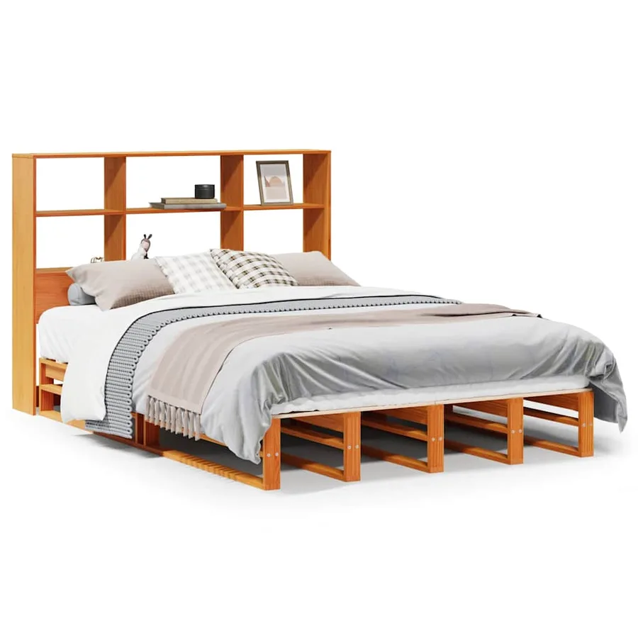 Lit bibliothèque sans matelas cire marron 140x190cm bois massif - 2
