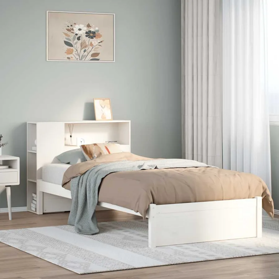 Lit bibliothèque sans matelas blanc 75x190cm bois de pin massif
