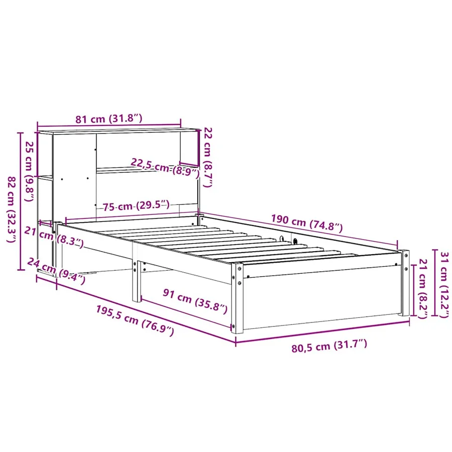 Lit bibliothèque sans matelas blanc 75x190cm bois de pin massif - 11