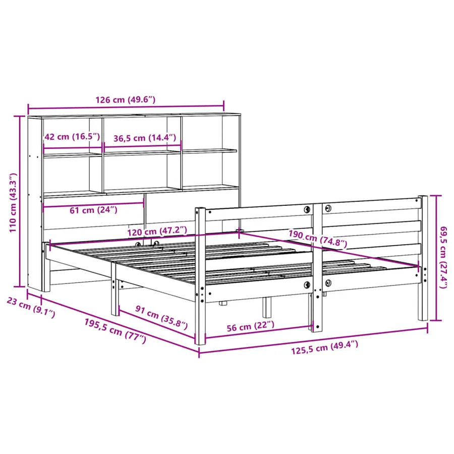Lit bibliothèque sans matelas cire marron 120x190cm bois massif - 11