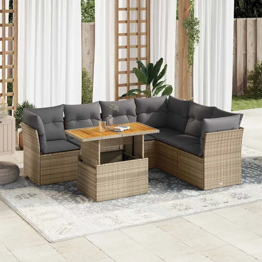 Salon de jardin avec coussins 7 pcs beige résine tressée