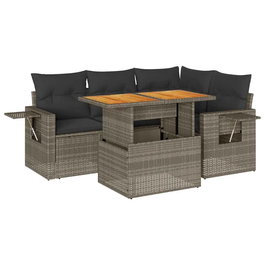 Salon de jardin 5 pcs avec coussins gris résine tressée - 2