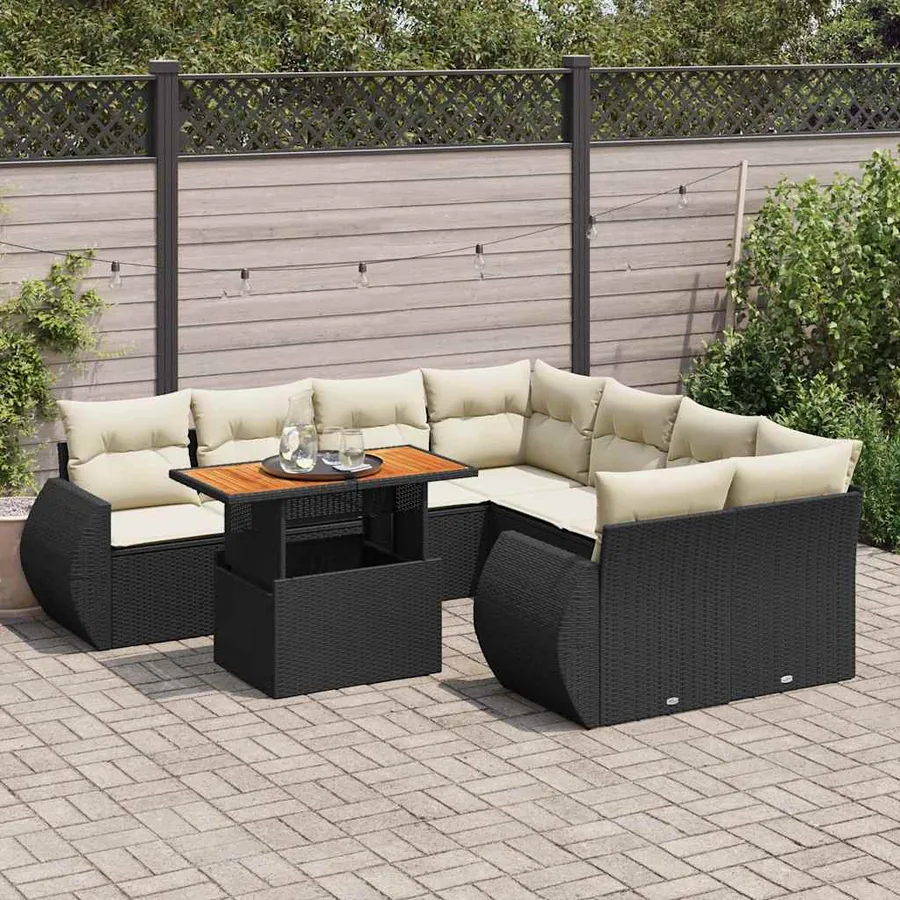 Salon de jardin 9 pcs avec coussins noir résine tressée