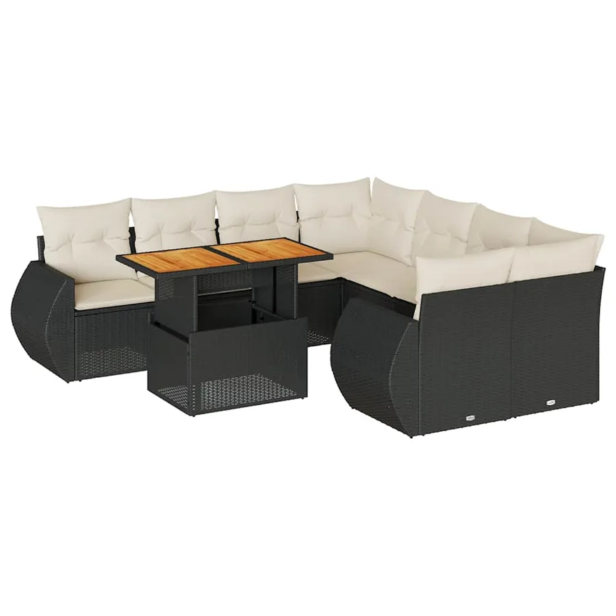 Salon de jardin 9 pcs avec coussins noir résine tressée - 2