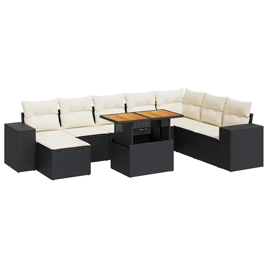 Salon de jardin avec coussins 9 pcs noir résine tressée acacia - 2