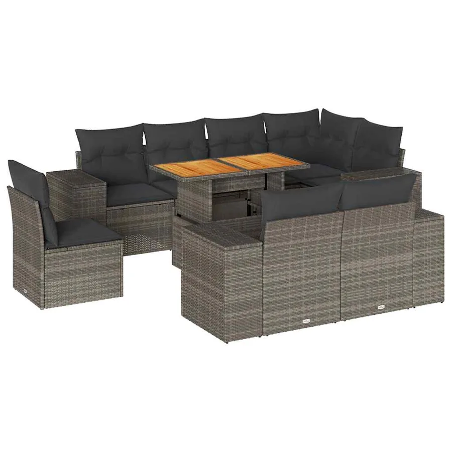 Salon de jardin 9 pcs avec coussins gris résine tressée - 2