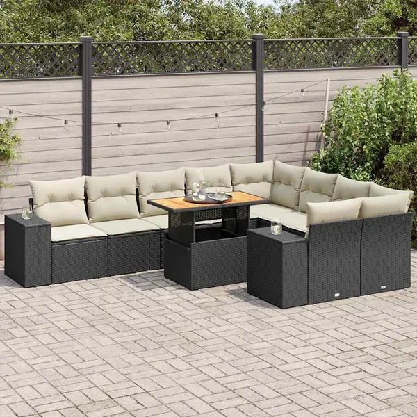 Salon de jardin 10 pcs avec coussins noir résine tressée acacia