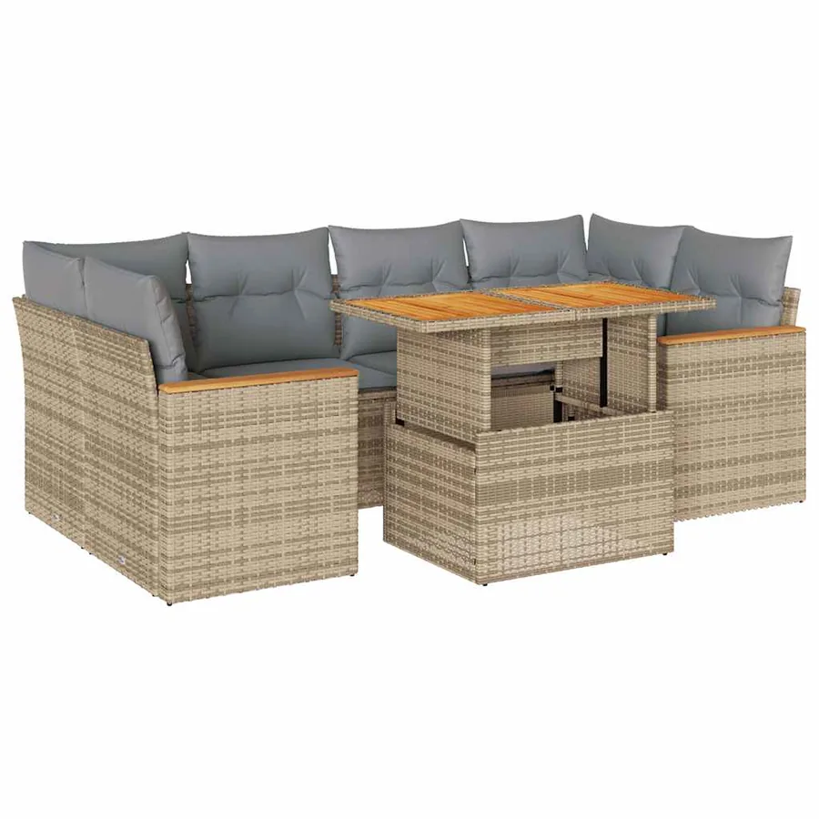 Salon de jardin 6 pcs avec coussins beige résine tressée acacia - 2